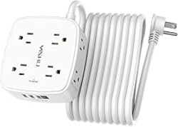 20 Ft Surge Protector Power Strip - 8 Widely Outlets with 4 USB Ports, 3 Side Outlet Extender with 20 Feet Extension Cord, Flat Plug, Wall Mount, Desk USB Charging Station, ETL, White