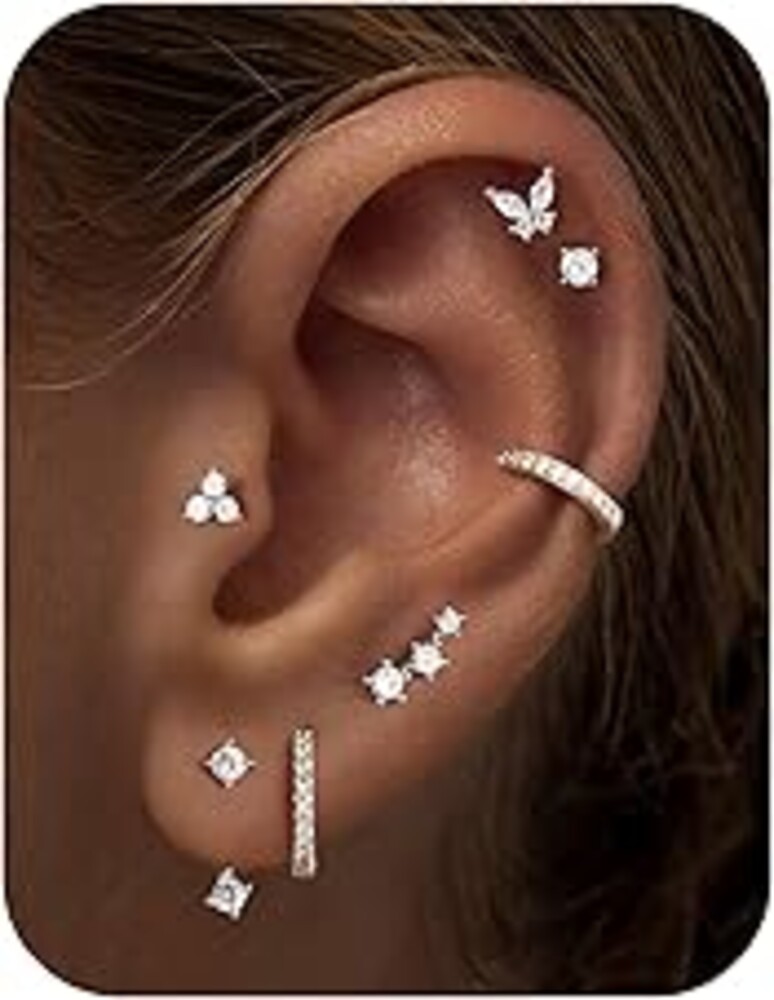 M MOOHAM Hypoallergenic Earring Jacket Stacks - 7 Pairs 14K Gold Plated Flat Back Earrings Dainty Huggie Hoop Cartilage Helix Earring Jacket, Fashion Accessories Western Jewelry Gifts