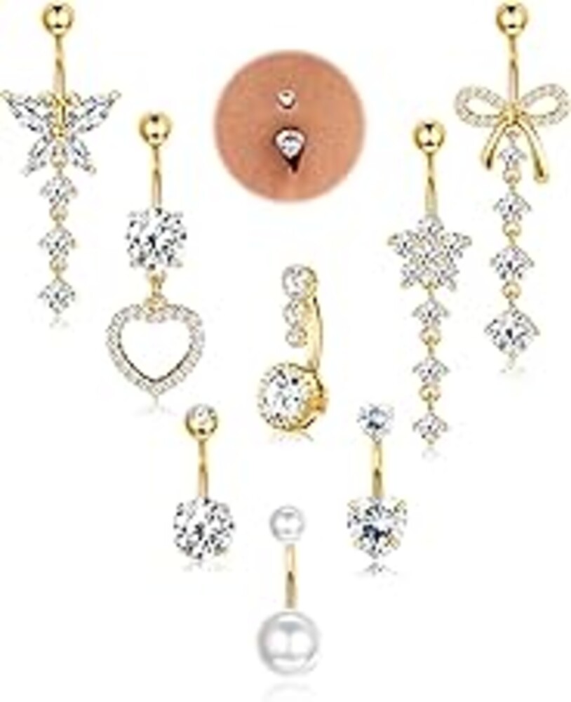 FIASASO 8 Pcs Belly Button Ring Dangle Hypoallergenic Surgical Stainless Steel Belly Rings for Women CZ Pearl Heart Butterfly Bow Flower Navel Piercing Jewelry Dangly Curved Navel Ring