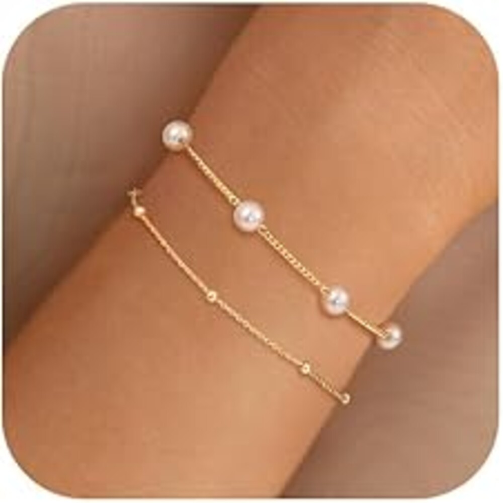 NECOCY 14K Gold Plated Pearl Bracelets for Women, Dainty Bracelets Stack Trendy Pearls Beaded Link Chain Charm Bracelets Set Layered Tiny Wedding Prom Jewelry Gift for Women Mother's Day Graduation