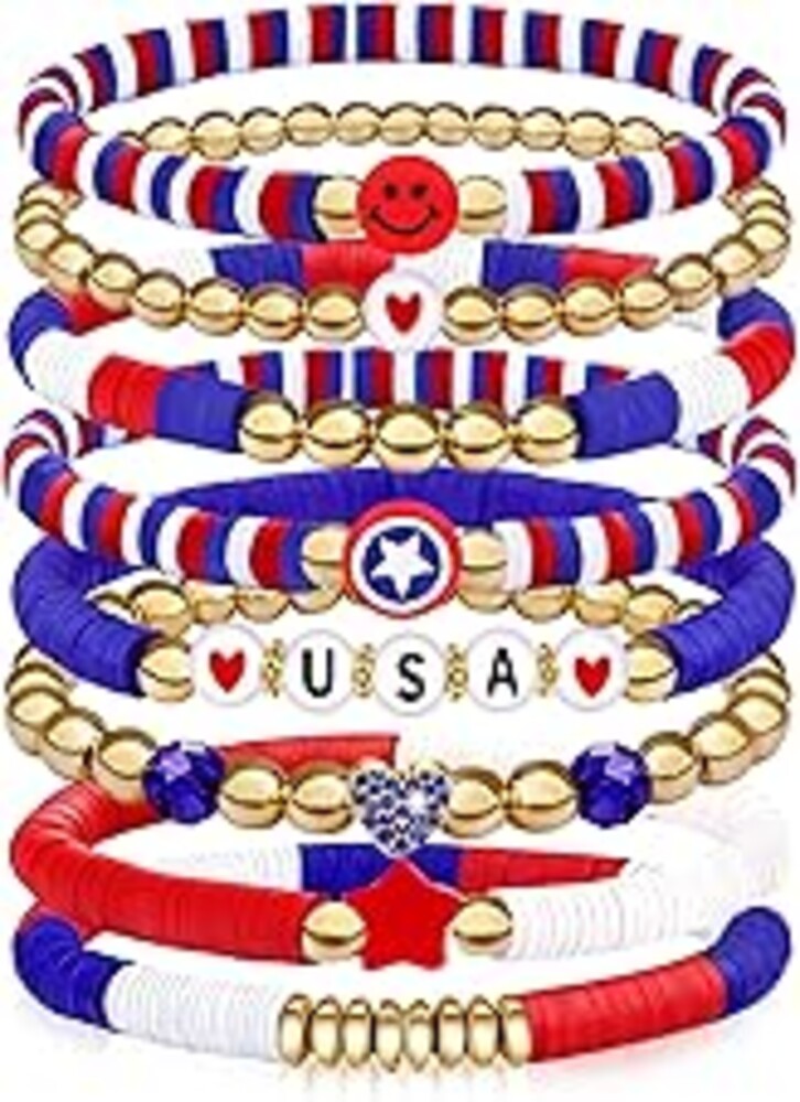 lakayfimily 250 Anniversary USA Merchandise 4th of July Outfits for Women Men Teens Red White Blue Clay Beaded Stretch Bracelets USA Patriotic Jewelry 4th of July Accessories