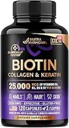 Biotin | Collagen | Hyaluronic Acid | Keratin - Support Normal Hair Growth Cycle, Skin & Nails - Clinically Tested - 25000mcg Vitamins B1, B2, B3, B6 & B7 - for Women & Men - Made in USA, 120 Capsules