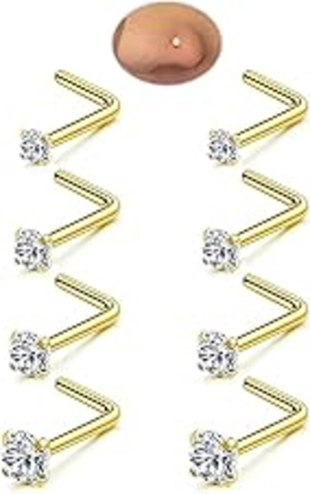8Pcs 18G 20G 22G Nose Rings Studs Set for Women Men - Hypoallergenic Gold/Silver 316L Surgical Stainless Steel Nose Studs L Shaped Corkscrew Body Piercing Jewelry for Nose Earring Studs CZ 1.5-3mm