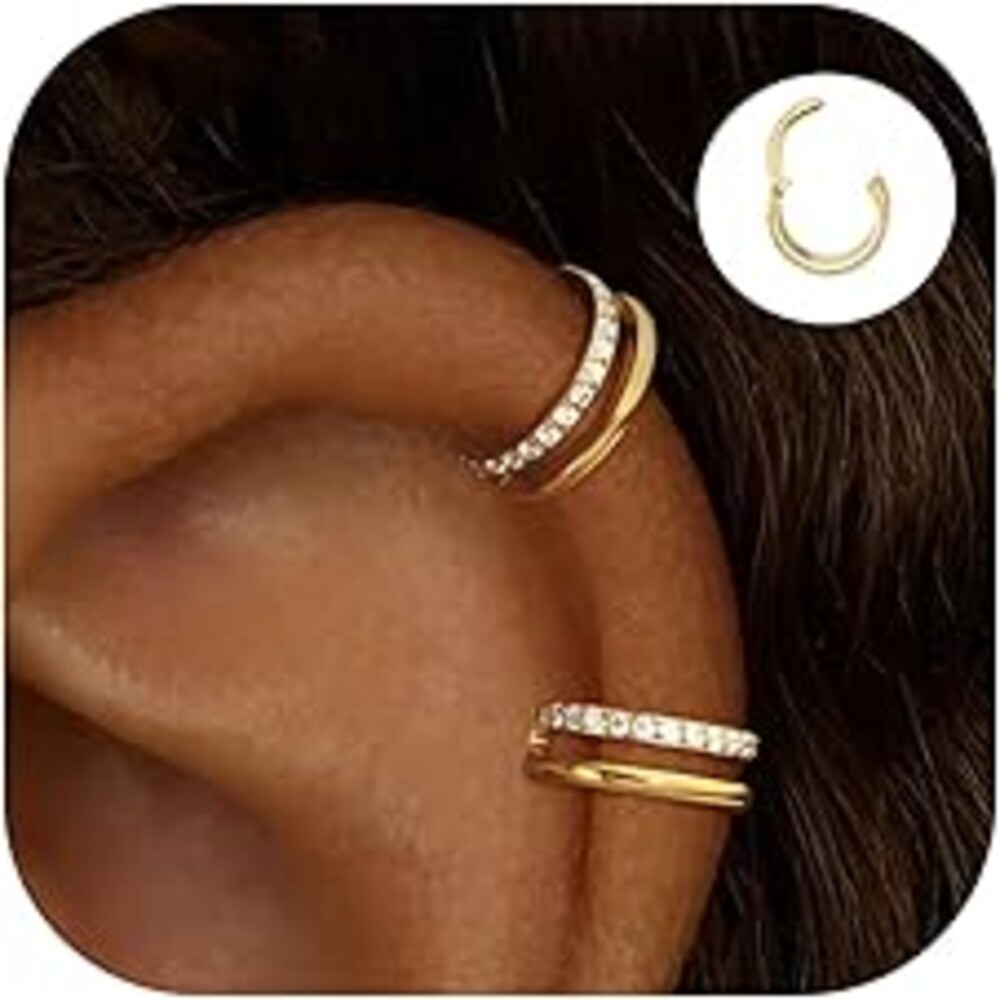 2 PCS Small Cartilage Double-Hoop Helix Conch Piercing Earrings With Cubic Zirconia For Women Trendy 14K Gold Plated Stainless Steel Sets Jewelry