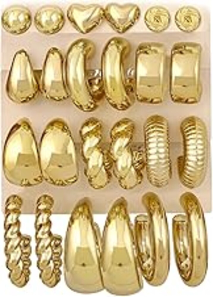 12 Pairs Chunky Gold Hoop Earrings for Women Trendy, Gold Plated Lightweight Hypoallergenic Stack, Thick Open Twisted Huggie Hoops Earring Set