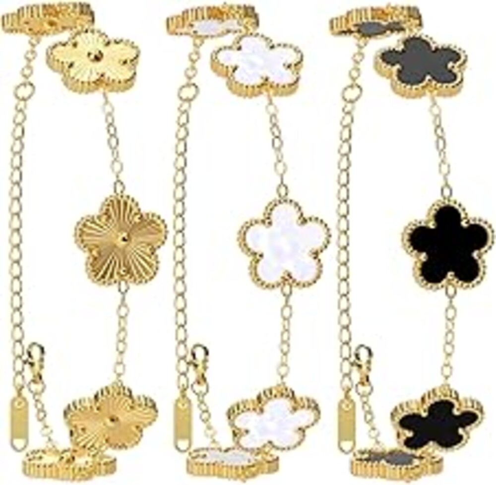 AICase 18K Gold Plated Clover Bracelet Dupes Gold/White/Black Bracelet Set for Women Flower Leaf Lucky Clover Bracelets Trendy Jewelry Birthday Gifts for Women/MoM/Friends