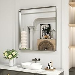 LOAAO 30X30 Inch Brushed Nickel Bathroom Mirror, Rounded Rectangle Silver Metal Frame Mirror, Brushed Nickel, Anti-Rust, Shatter Proof, Hangs Horizontally or Vertically