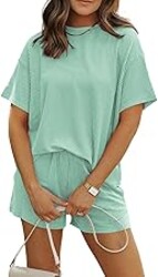 MARZXIN Women 2 Piece Shorts Set 2026 Casual Summer Cruise Outfits Ribbed Loose Short Sleeve Pocket Matching Lounge Sets