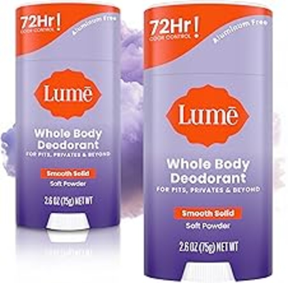 Lume Whole Body Deodorant - Smooth Solid Stick - 72 Hour Odor Control - Aluminum Free, Baking Soda Free and Skin Safe - 2.6 Ounce (Pack of 2) (Soft Powder)