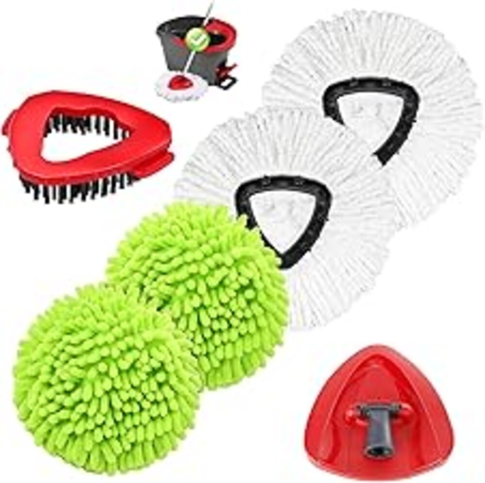 Wa.IE Jiemi Spin Mop Refills Compatible with OCedar EasyWring 1-Tank, 4-Pack Microfiber Replacement Heads (2 White, 2 Green), 1 Scrub Brush & 1 Mop Base, Floor Cleaning Accessories