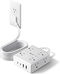 10Ft Extension Cord with Multiple Outlets, Flat Plug Surge Protector Power Strip 10 Ft Long Cord, 8 Outlets & 4 USB Ports (2 USB C), Desk Charging Station for Home Office, College Dorm Room Essentials