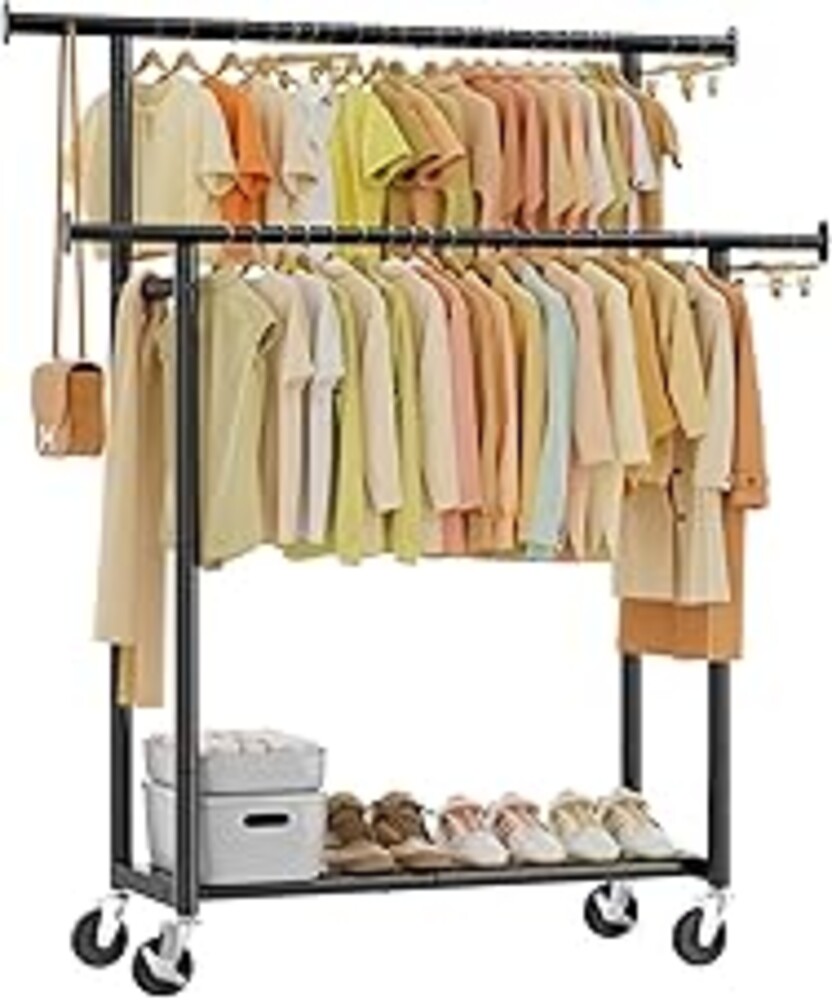 Simple Trending Clothes Rack, Double Rods Clothing Rack for Hanging Clothes, Metal Garment Rack with Rolling Wheels, Portable Wardrobe Closet Rack for Coat, Bedroom, Laundry, Black