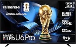 Hisense 55" U6 Pro Series Mini‑LED ULED 4K UHD HDR Gaming AI Smart Fire TV (55U6SF Pro, 2026 New) – Hi-QLED, Native 144Hz, Motion Rate 480, Dolby Vision IQ,· Atmos, HDR10+, Glare-Free, Alexa+