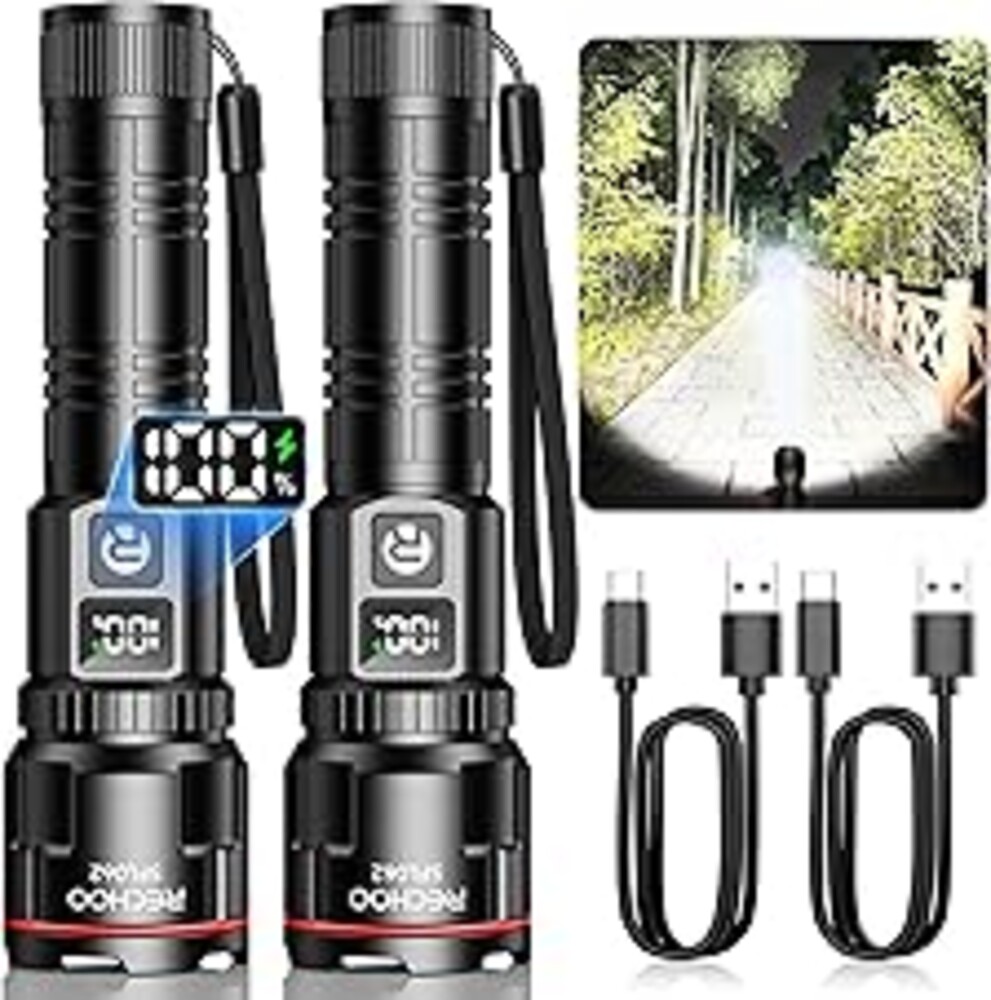 RECHOO Rechargeable Flashlights 2 Pack, Super Bright High Lumens LED Flashlight with LCD Digital Display, 3 Lighting Modes & Zoomable Torch Lights for Home Camping Hunting Emergency
