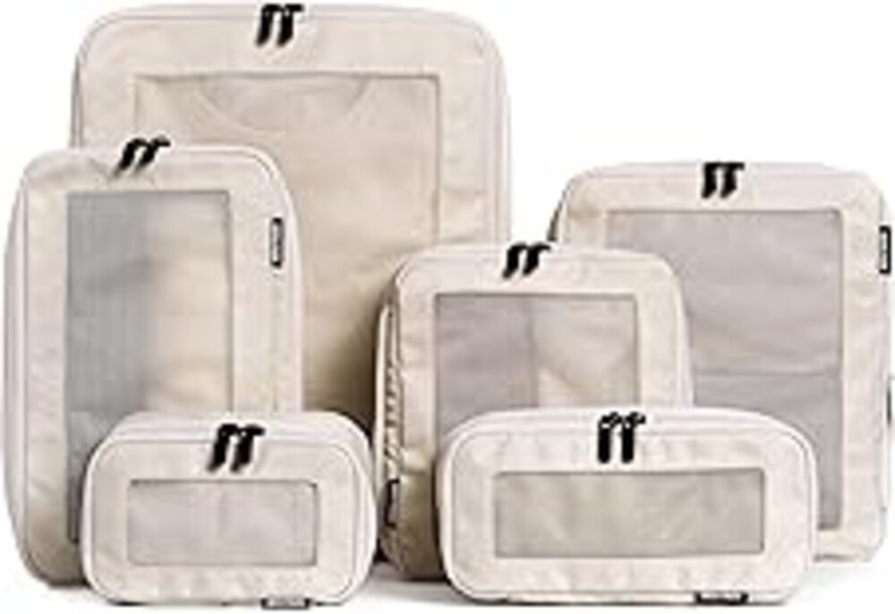 Aerotrunk Compression Packing Cubes for Travel - Luggage Organizer Bags - Double Zipper Packing Cubes for Suitcases (6-Pack, Beige)