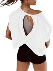 Kumufenc Women Short Sleeve Workout Shirts Open Back Tops Casual Yoga Y2k Athletic Gym Slouchy Crop Running Tees