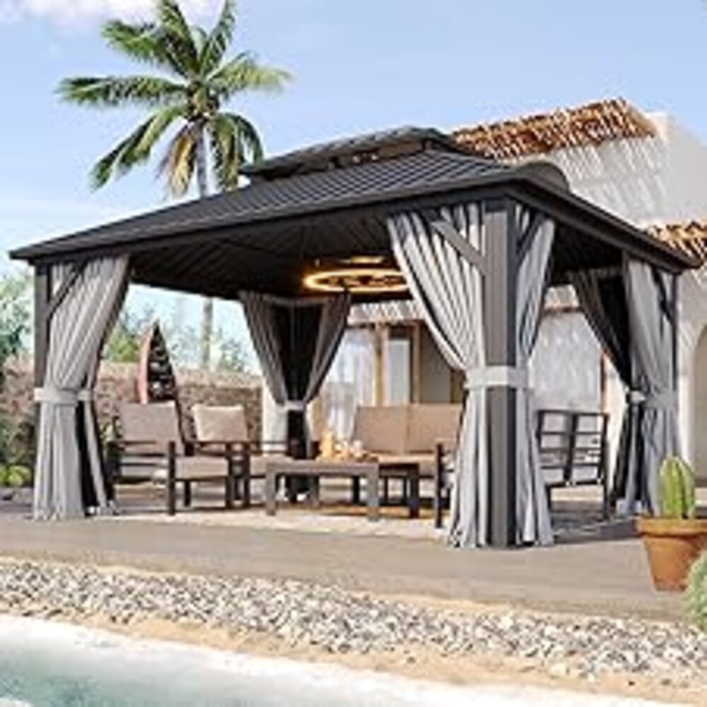 Aoxun Gazebo 10x12 Hardtop Gazebo with Double Galvanized Steel Roof, Gray | Metal Frame Outdoor Pavilion with Breathable Netting and Privacy Curtain for Backyard
