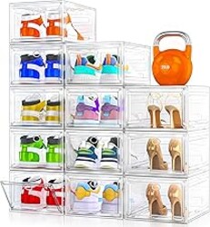 12 Pack Shoe Organizer, Stackable Shoe Storage Boxes with Magnetic Door | Clear Plastic Shoe Boxes for Sneakers, Boots & Heels, Foldable Space-Saving Shoe Rack for Closet, Durable Shoe Cabinet, White