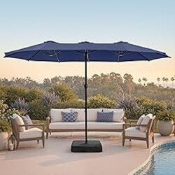PHI VILLA 15ft Large Patio Umbrellas with Base Included, Outdoor Double-Sided Rectangle Market Umbrella with Crank Handle, for Pool Lawn Garden, Navy Blue