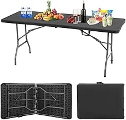 BestOffice Outdoor 6 FT Folding Camping Table Plastic Table Portable Square Height Dining Table Perfect for Picnics, Parties, Party and Camping, Black