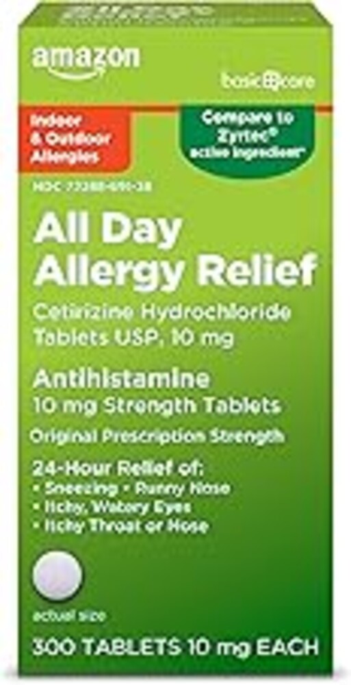 Amazon Basic Care All Day Allergy, Cetirizine Hydrochloride Tablets, 10 mg, 24-Hour Relief for Allergy, 300 Count (Packaging may vary)