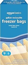 Amazon Basics Reclosable Freezer Gallon Size Bags with Double Zipper Seal, Stand-Up Bottom, BPA Free, 90 Count (Previously Solimo)