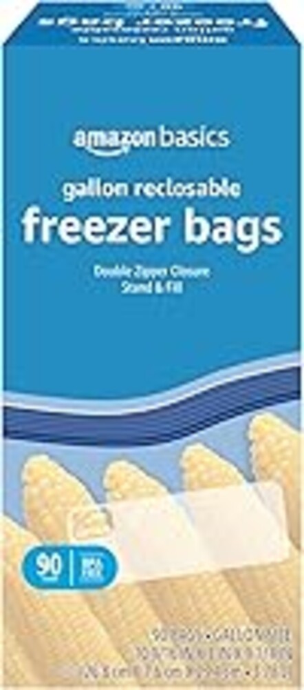 Amazon Basics Reclosable Freezer Gallon Size Bags with Double Zipper Seal, Stand-Up Bottom, BPA Free, 90 Count (Previously Solimo)