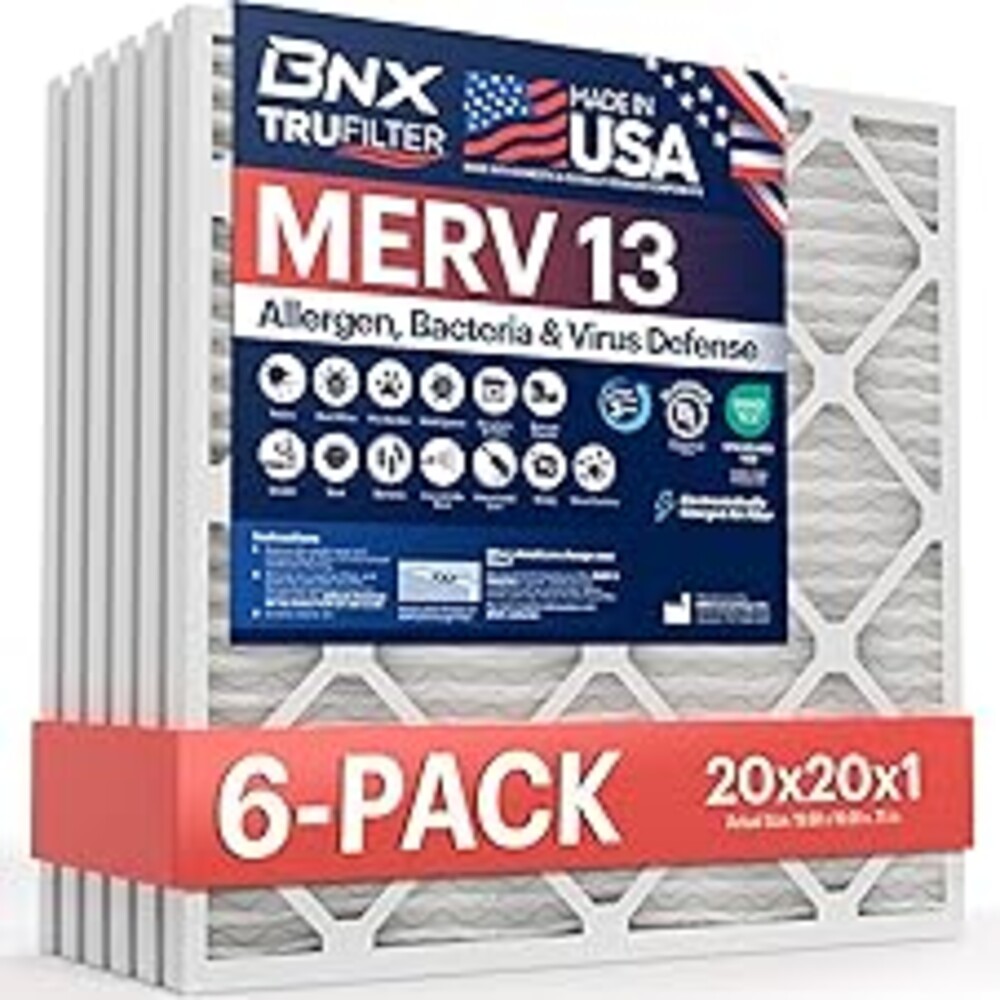 BNX TruFilter 20x20x1 Air Filter MERV 13 (6-Pack) - MADE IN USA - Electrostatic Pleated Air Conditioner HVAC AC Furnace Filters for Allergies, Pollen, Mold, Bacteria, Smoke, Allergen, MPR 1900 FPR 10