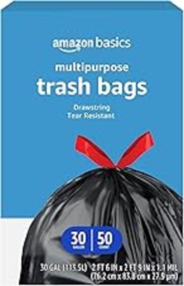Amazon Basics Multipurpose Drawstring Trash Bags, 30 Gallon Capacity, Tear Resistant, 50 Count (Previously Solimo)