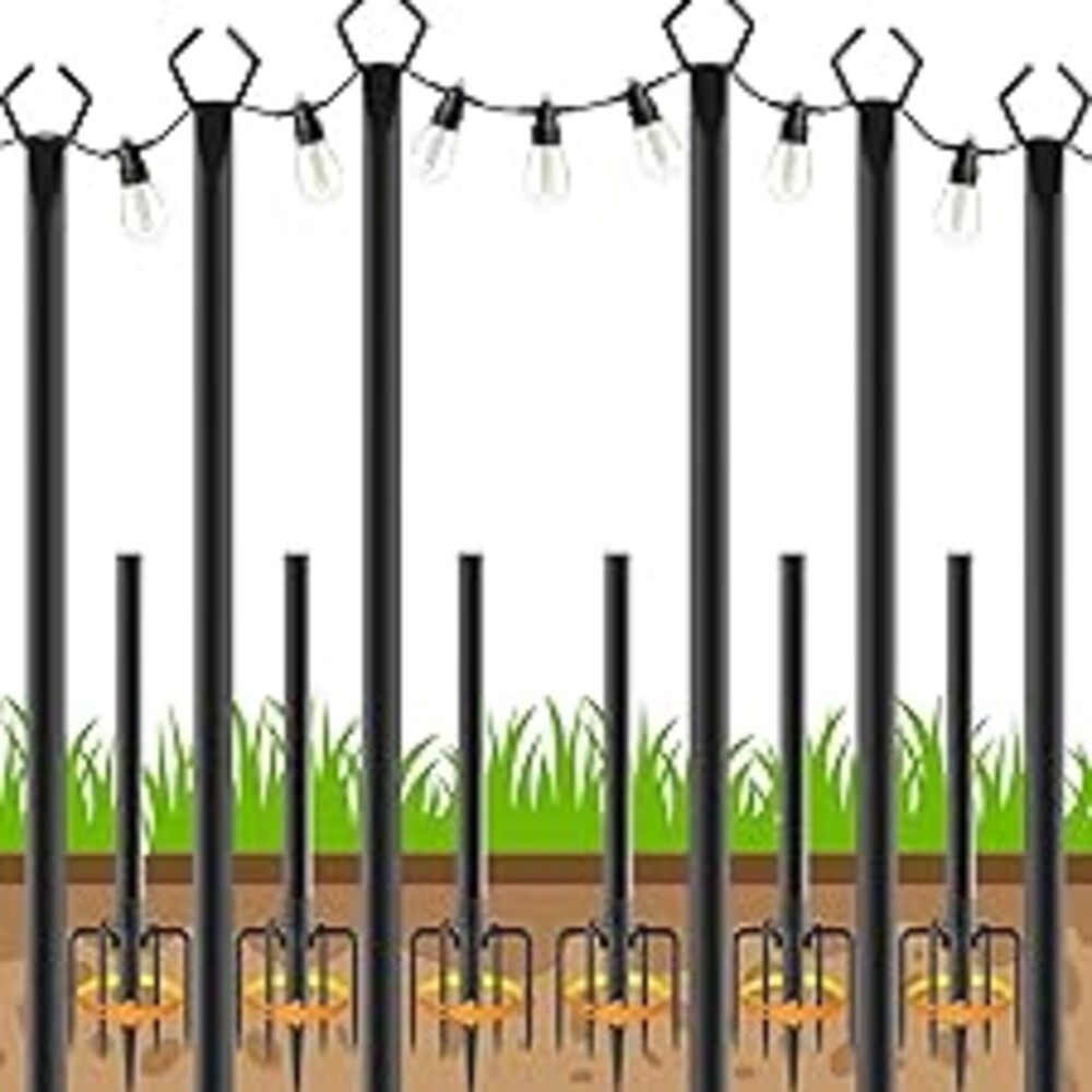 AHRLHR 6 Pack String Light Poles, Outdoor String Light Pole 10 ft Forked Metal Light Pole with Adjustable Outdoor Light Stand, Deck, Backyard, Garden, Wedding, Rustproof and Sturdy with Hooks.