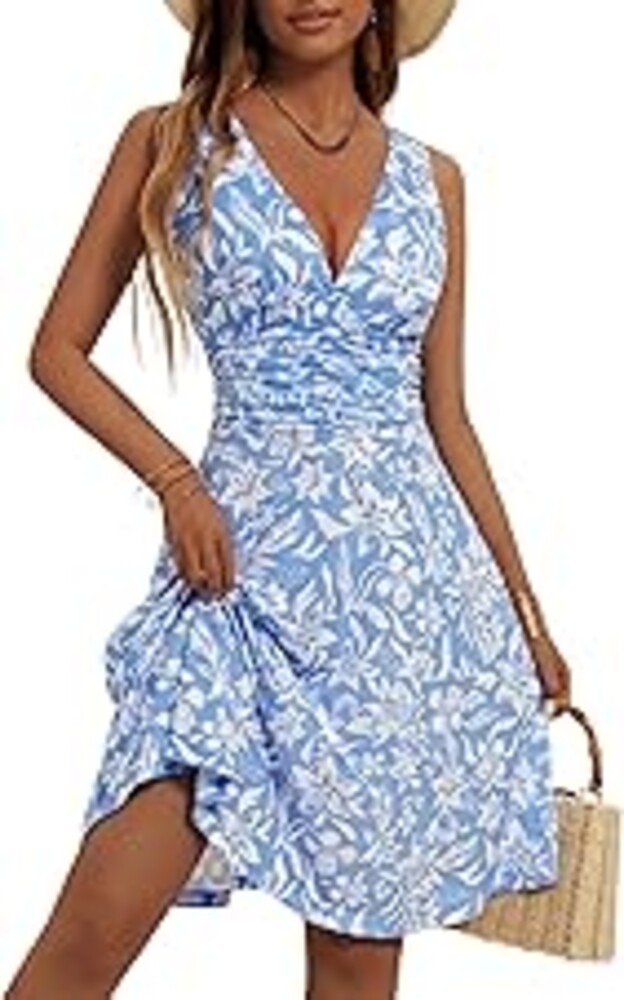 OURIN Women's Spring Deep V Neck Sleeveless Floral Sundresses with Pockets Flowy Summer Dresses for Women
