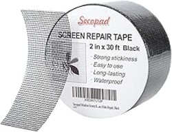 Secopad Black Window Screen Repair Tape, 2 in X 30 FT (360IN) Screen Repair Kit for Windows or Doors, Strong Adhesive Fiberglass Mesh Patch Tape