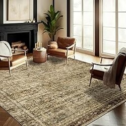 CHAMPLANT Area Rug 8x10 Washable Rug Brown Vintage Traditional Mat Distressed Indoor Foldable Thin Retro Accent Floral Non Slip Carpet Living Room Dining Room Office