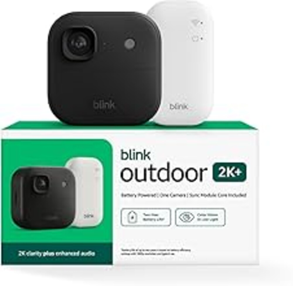 Blink Outdoor 2K+ (newest model) — Wireless smart security camera, 2K video resolution, enhanced audio, two-year battery. Sync Module Core included — 1 camera system (Black)