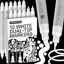ARTISTRO 12 White Precision Dual-Tip Acrylic Paint Markers – Paint Pens Set with Dot & Fine Tips for Fabric, Rock, Glass, Wood, Coloring Books – Classroom & Art Supplies Gift Teacher Appreciation Gift
