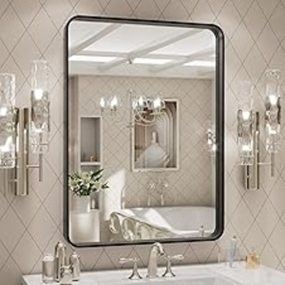LOAAO 24X32 Inch Black Metal Framed Bathroom Mirror for Wall, Matte Black Bathroom Vanity Mirror Farmhouse, Large Rounded Rectangle Mirror, Anti-Rust, Hangs Horizontally or Vertically