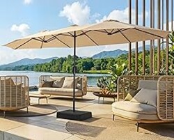 SUPERJARE 15FT Outdoor Patio Umbrella with Base Included, Double Sided Pool Umbrellas with Fade Resistant Canopy, Extra-Large Table Umbrella for Deck, Market, Backyard, Beige