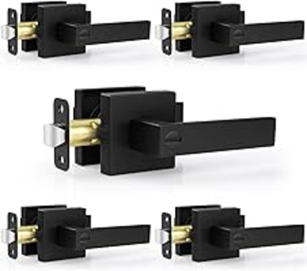 Estmoon 5 Pack Matte Black Door Handles Interior Door Knobs, Keyless Privacy Bedroom Door Lock, Heavy Duty Zinc Alloy Home Improvement Door Leverset for Bedrooms Bathrooms