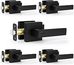 Estmoon 5 Pack Matte Black Door Handles Interior Door Knobs, Keyless Privacy Bedroom Door Lock, Heavy Duty Zinc Alloy Home Improvement Door Leverset for Bedrooms Bathrooms