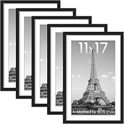 upsimples 11x17 Picture Frame Set of 5, Display Pictures 9x15 with Mat or 11 x 17 Without, Wall Gallery Poster Frames, Black