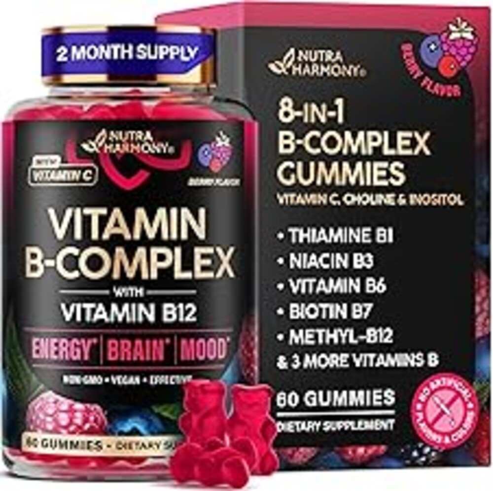 Vitamin B-Complex Gummies for Women & Men - Vitamin B12, B1, B2, B3, B5, B6, B7 & B9 - B Complex with Vitamin C & Choline - Energy, Brain & Mood - Natural Berry Flavor, Vegan - 60 Gummies for 2 Months