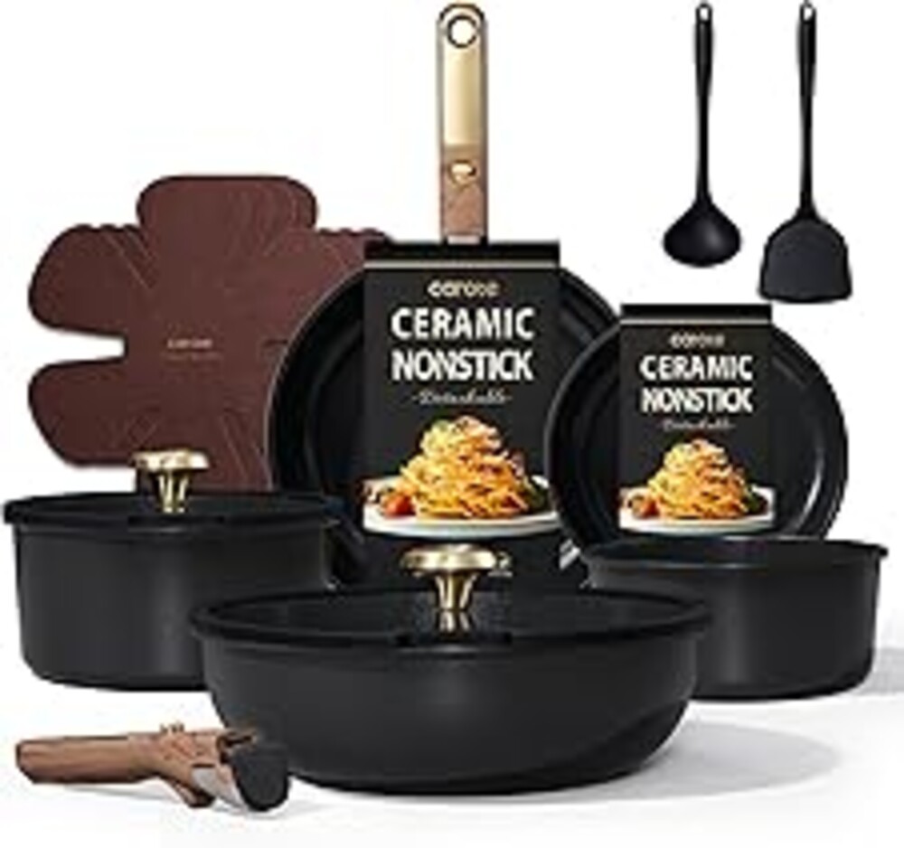 CAROTE 15Pcs Ceramic Cookware Set, Pots and Pans Set Non stick, Kitchen Cooking Set with Detachable Handle, Non Toxic Induction Cookware, Dishwasher/Oven Safe, PFAS Free, Black&Gold