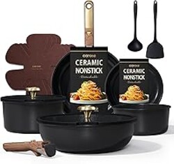 CAROTE 15Pcs Ceramic Cookware Set, Pots and Pans Set Non stick, Kitchen Cooking Set with Detachable Handle, Non Toxic Induction Cookware, Dishwasher/Oven Safe, PFAS Free, Black&Gold