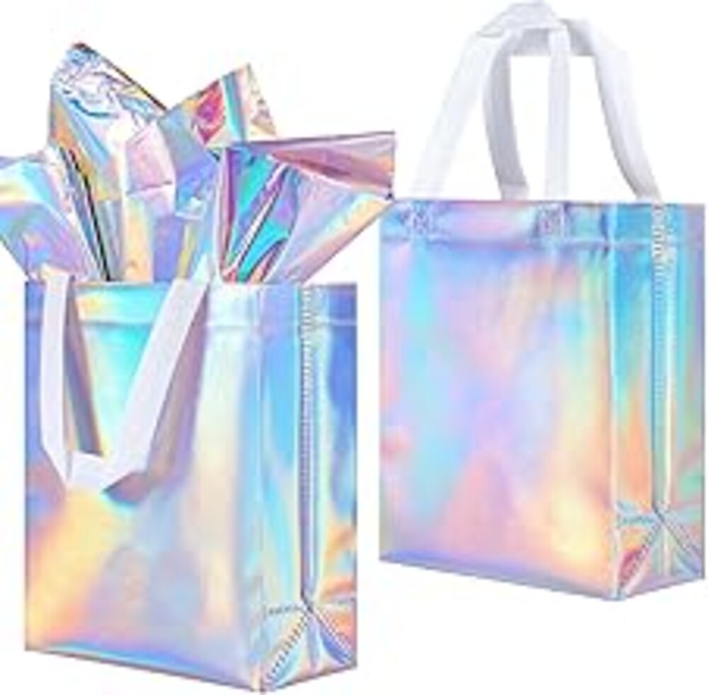 Lzerking 50-Pack Reusable Gift Bags (10x8x4 Inches) Holographic Non-Woven Eco-Friendly Party Favor Bags with Handles for Weddings, Christmas, Birthdays, Bulk Gift Packaging