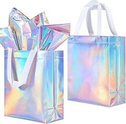 Lzerking 50-Pack Reusable Gift Bags (10x8x4 Inches) Holographic Non-Woven Eco-Friendly Party Favor Bags with Handles for Weddings, Christmas, Birthdays, Bulk Gift Packaging