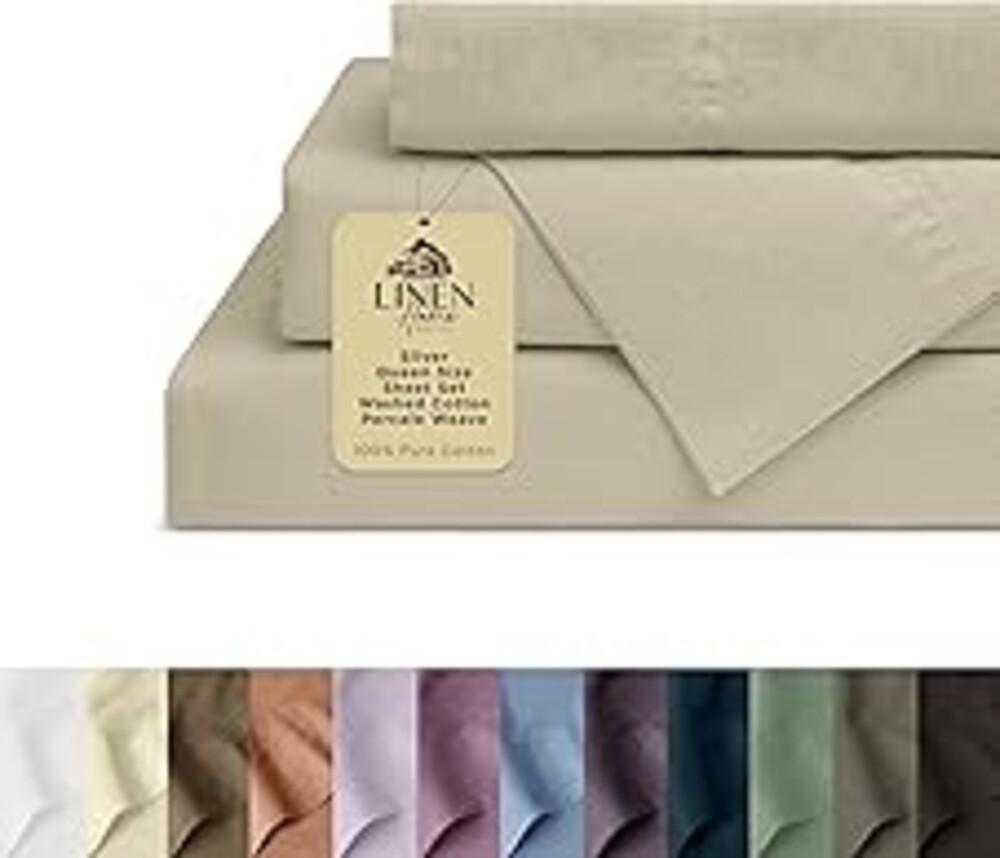 Linen Home Washed Cotton Percale Queen Sheet Set, Silver, Preshrunk, 4 Pieces Sets - 1 Flat, 1 Deep Pocket Fitted Sheet & 2 Envelope Closure Pillowcases, Soft, Cool and Comfortable Bed Linen
