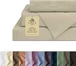 Linen Home Washed Cotton Percale Queen Sheet Set, Silver, Preshrunk, 4 Pieces Sets - 1 Flat, 1 Deep Pocket Fitted Sheet & 2 Envelope Closure Pillowcases, Soft, Cool and Comfortable Bed Linen