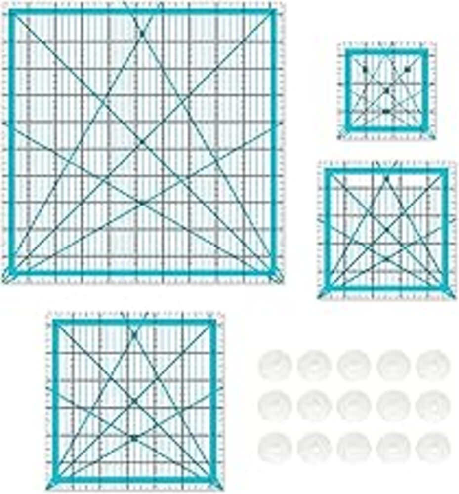 Quilting Rulers, Sewing Rulers, 4 Piece Quilting Square Templates, Acrylic Rulers with Non-Slip Rings for Sewing (3.5"X3.5", 5"X5", 6.5"X6.5", 10.5"X10.5") (Blue)