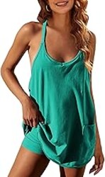 Zhiyouni Women's Summer Sleeveless Mini Dress V Neck Spaghetti Straps Athletic Built-in Shorts Sundress