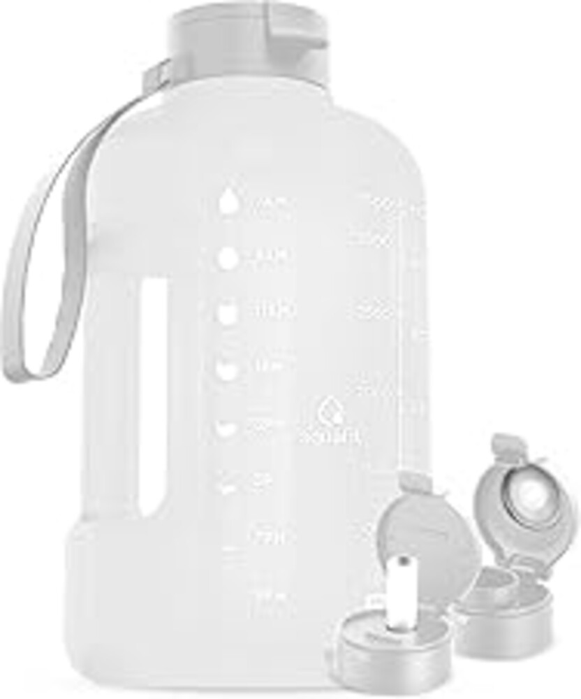 AQUAFIT 1 Gallon Water Bottle with Time Marker - Straw & Chug Lid - BPA Free Gym Water Bottle with Straw - Big Gallon Jug (Frosty, 128 oz - 2 Lids)